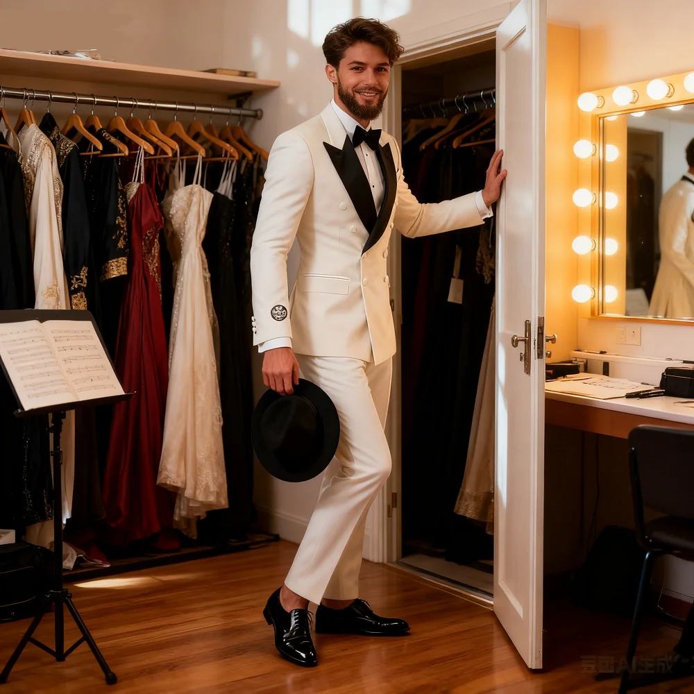 

Men's 2-Piece Casual Smalking Set with White Lapel Blazer And Black Pants Wedding Groomsmen Suit for Ceremony And Festa