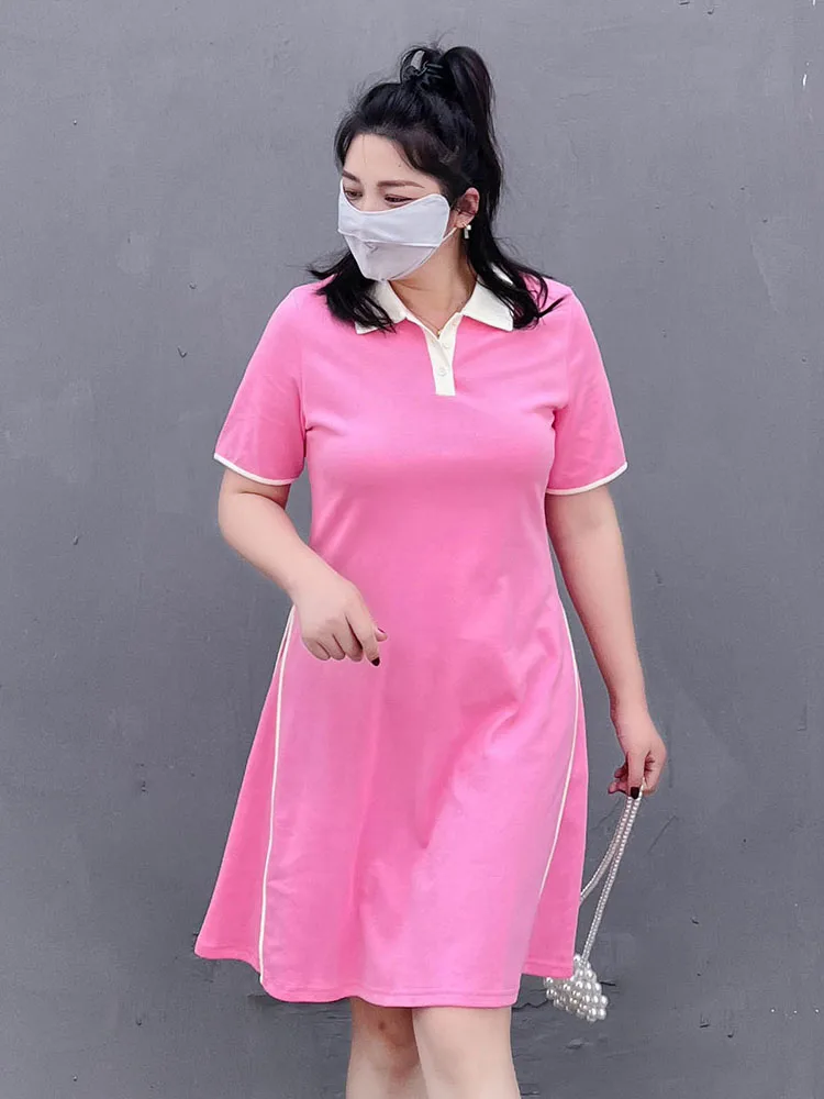 

plus Size Dress Slimming Belly Covering Loose Women's Short Casual A-Line Dress Korean Style Cotton Summer Dress