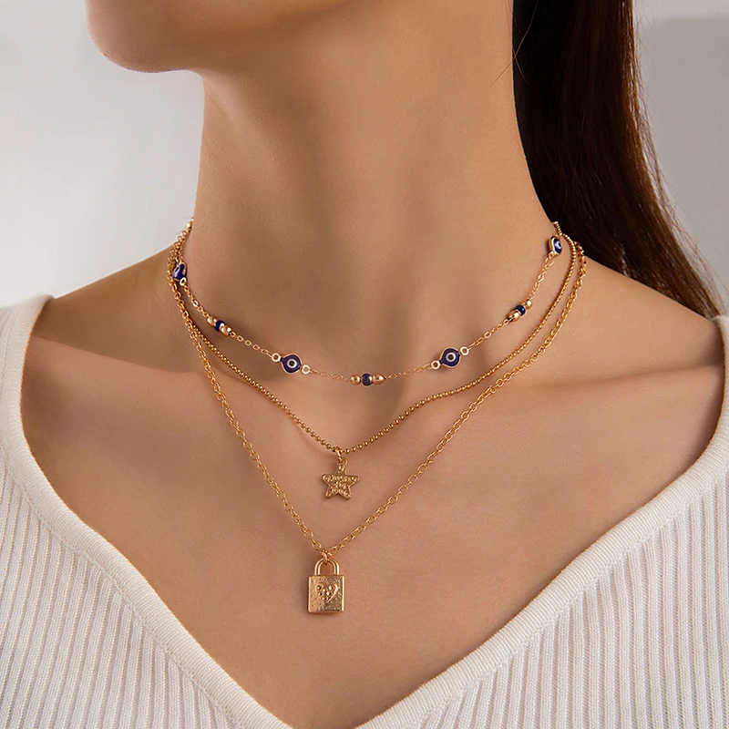 Tocona Bohemia Lock Star Layered Pendant Necklace for Women Blue Eye Geometric Alloy Metal Ajustable Jewelry Collar 24609