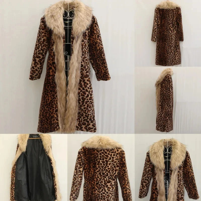 

Leopard Print Mink Coat Women's Winter European American Raccoon Skin Coat Thick Warm Long Fur Coat Fur Collar Windbreaker Top