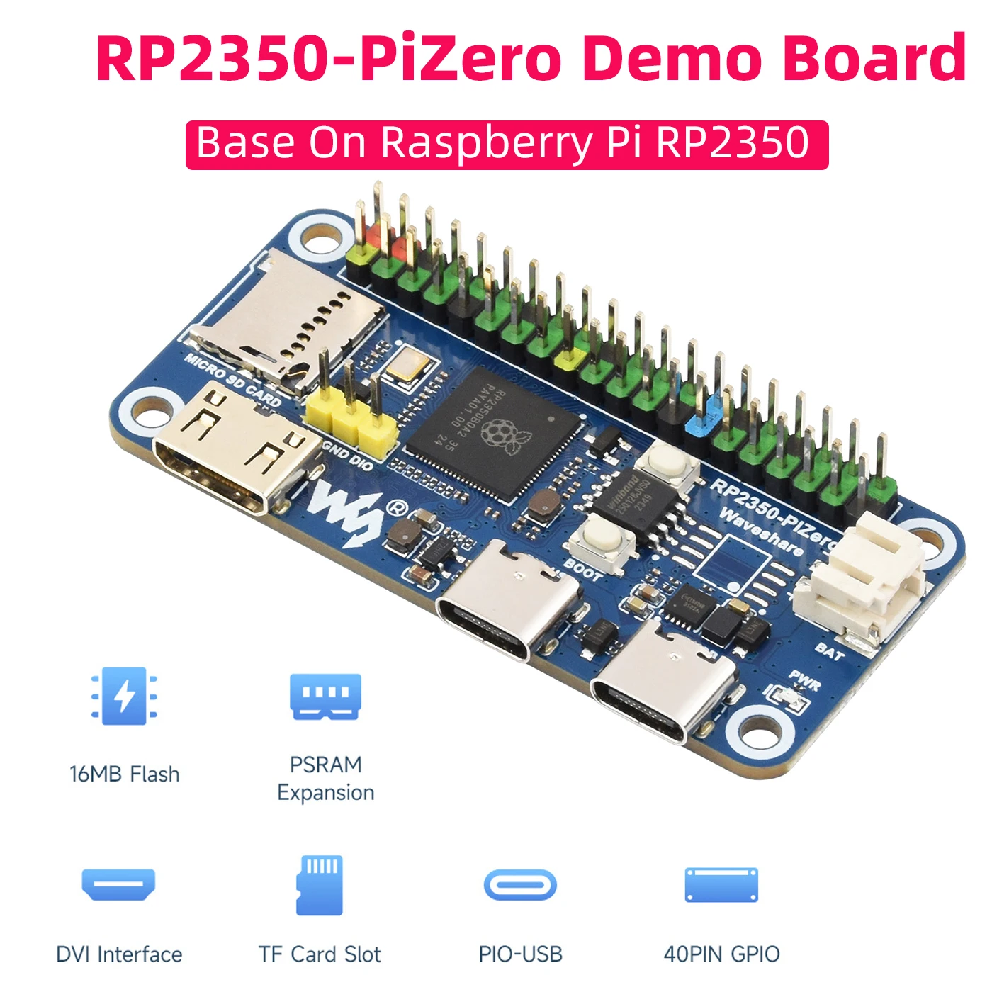 База макетной платы Waveshare RP2350-PiZero на микроконтроллере Raspberry Pi Pico 2 RP2350, 520 КБ SRAM, 16 МБ флэш-памяти DVI PIO-USB