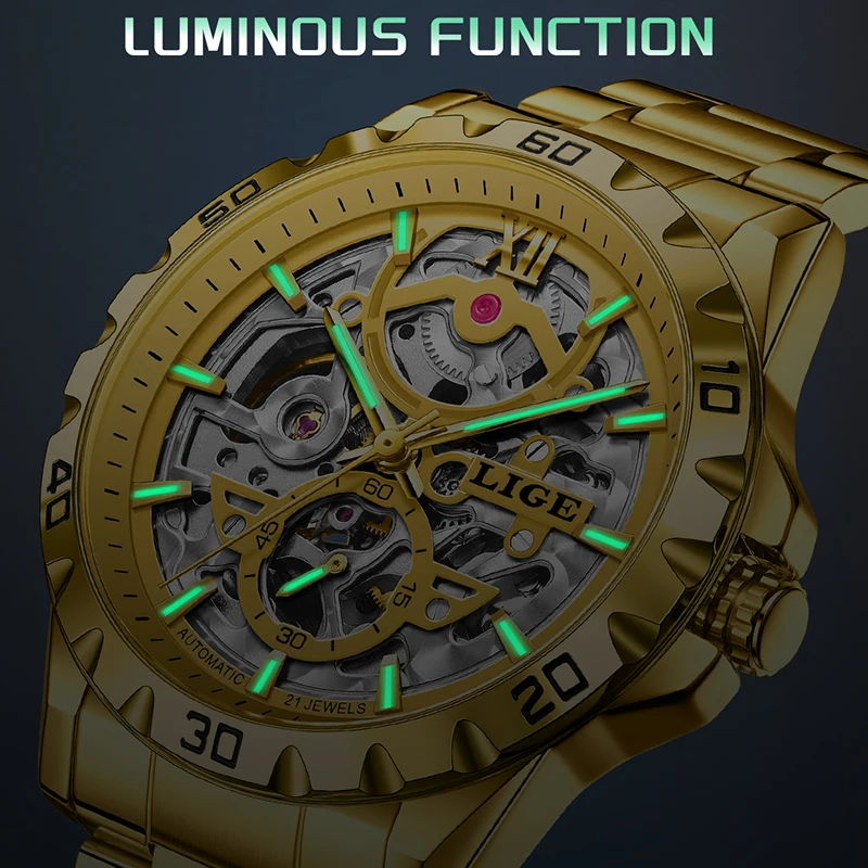 LIGE Fashion Sport Men Mechanical Watch Stainless Steel Waterproof Hollow Skeleton Automatic Watches For Men Relogios Masculino