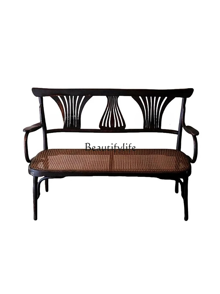 

Vintage Solid Wood Distressed Rattan Double/Three-Seater Sofa Retro Carved Flower Bed & Breakfast Cafe Western Rattan Chair
