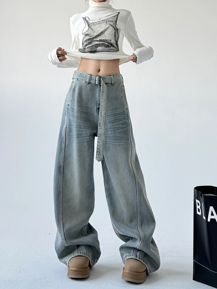 

Retro High Waist Thickened Denim Wide Leg Pants Winter Casual Fashion Women's Floor-Length Jeans Straight Cut Cotton Stretch