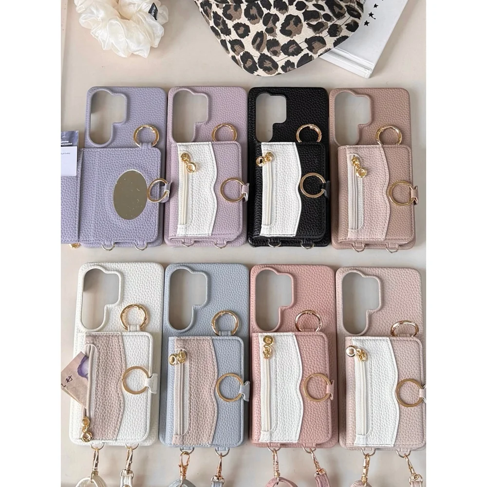Leather Zipper Card Pocket Metal Rings Detachable Crossbody Strap Phone Case for Samsung Galaxy S22‑S26 Ultra Shockproof Cover