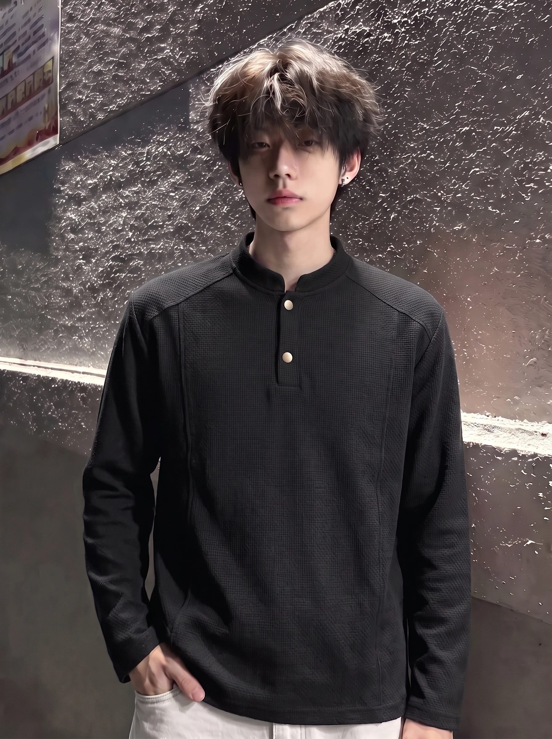 Black Dragon Scale Texture Henry Collar Long Sleeve Men's T-Shirt  Shirt Structure Shoulder Muscle Sense Stand Collar Swe...