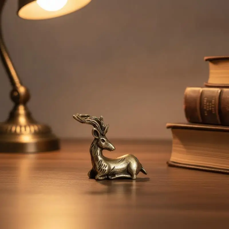 Retro Bronze Deer Small Ornaments Copper Sika Deer Micro Landscape Figurine Desktop Antique Home Decor Gift
