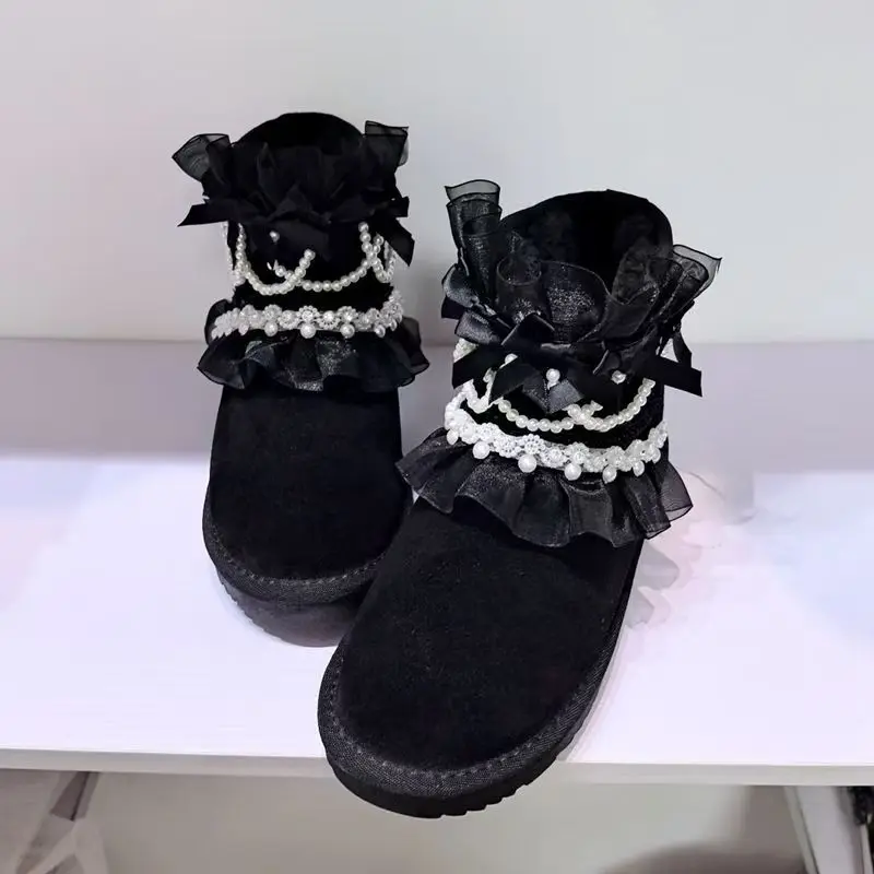 Luxury rhine-diamond pearl lace wedding party Snow boots Fur one with thick soles women's cotton shoes 35-40