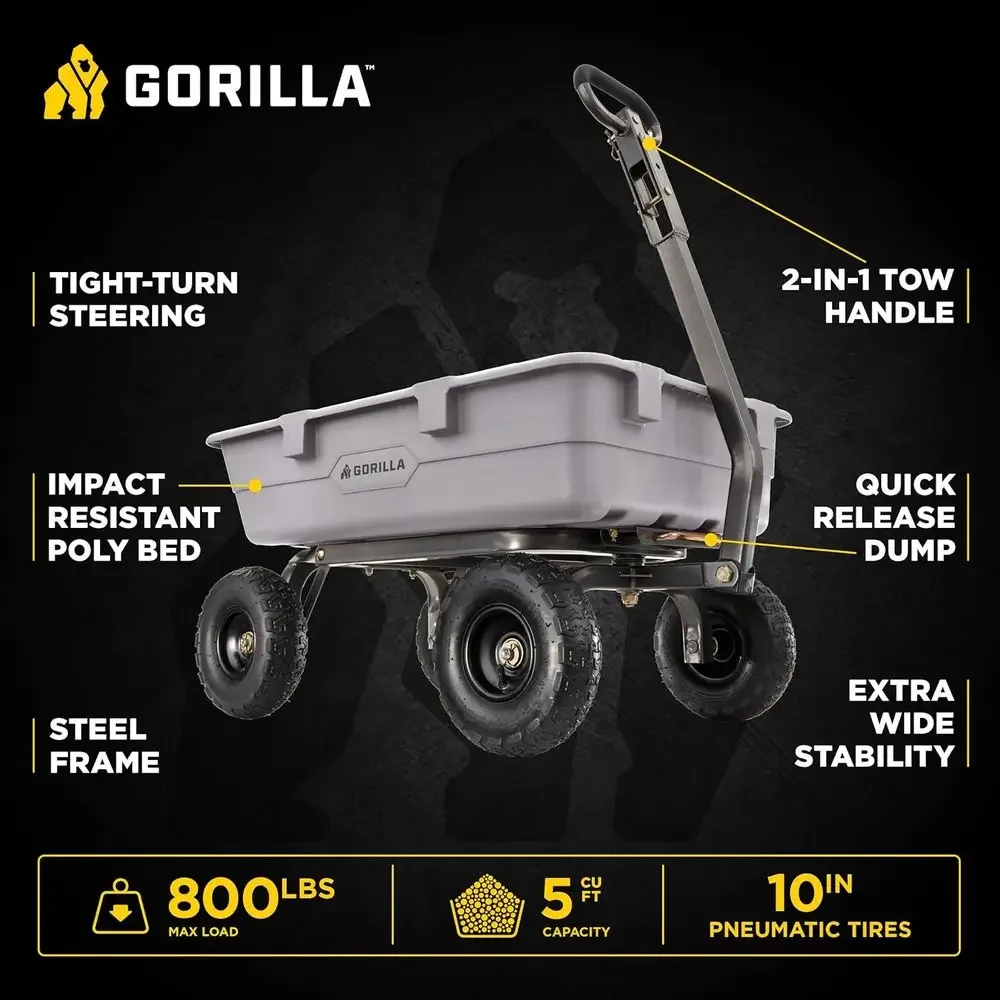 Sturdy Poly Dump Cart, 5 Cubic Yard, 800 lbs Capacity, Gray - Pullable Utility Wagon with Easy Dump & Air Tires for Yard, Land,