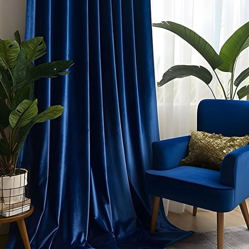 1pc Royal Blue Color Curtains for Living Room Velvet Material Warm Retro Bedroom Windows Door Decoration Luxurious Drapes