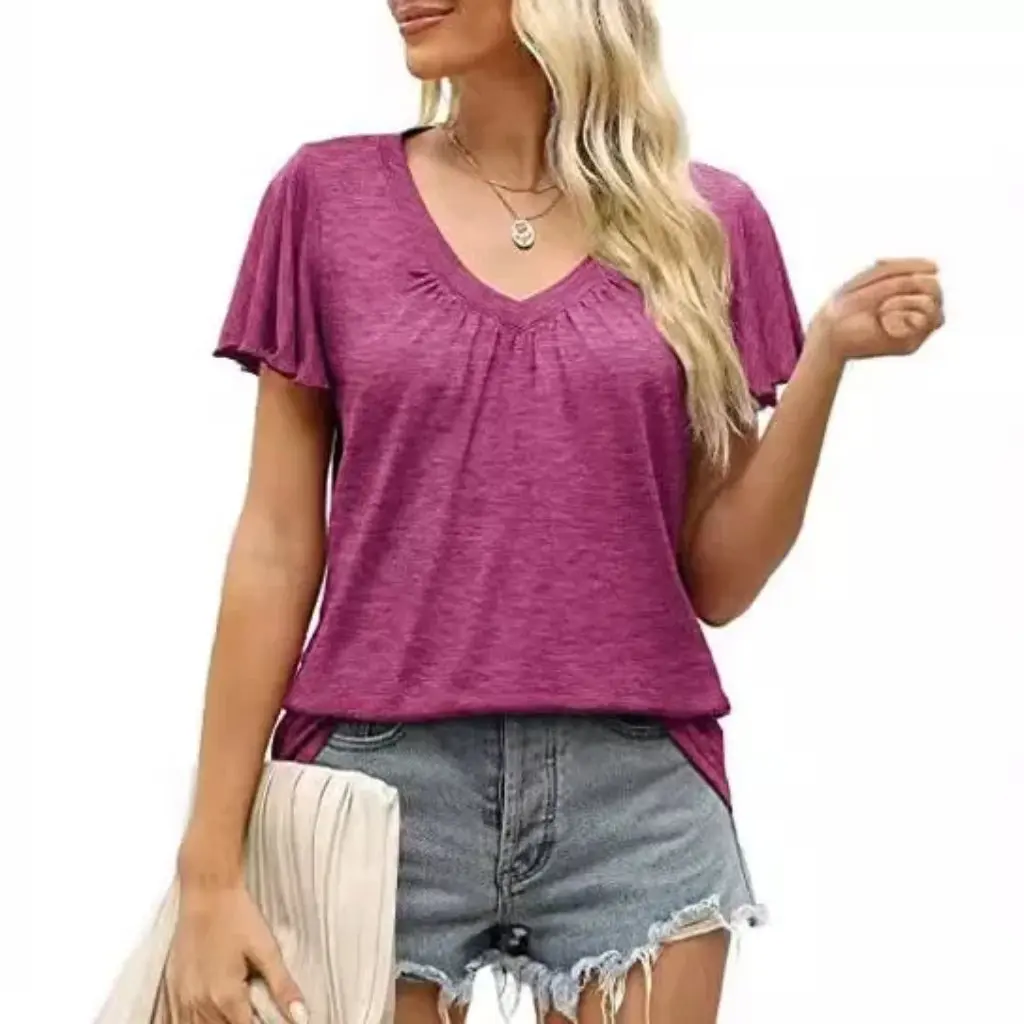 

Summer Women's Casual Pleated V-neck T-shirt European American Style Ruffled Sleeves Clothing for Ladies