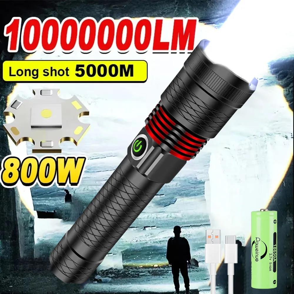 100000LM LED Handheld Flashlight Ultra-Bright Torch 2000mAh Rechargeable Battery Powerful Flash Light Zoomable Tactical Lantern