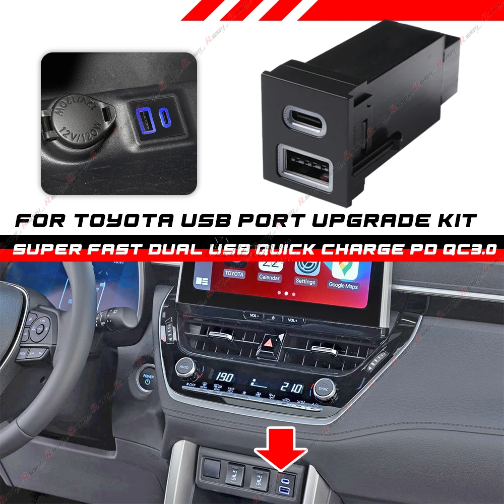 

Car USB Charger PD Fast Charger QC3.0 TYPE C Adaptor Button For Toyota RAV4 Corolla Cross C-HR Sequoia Prius Tundraa