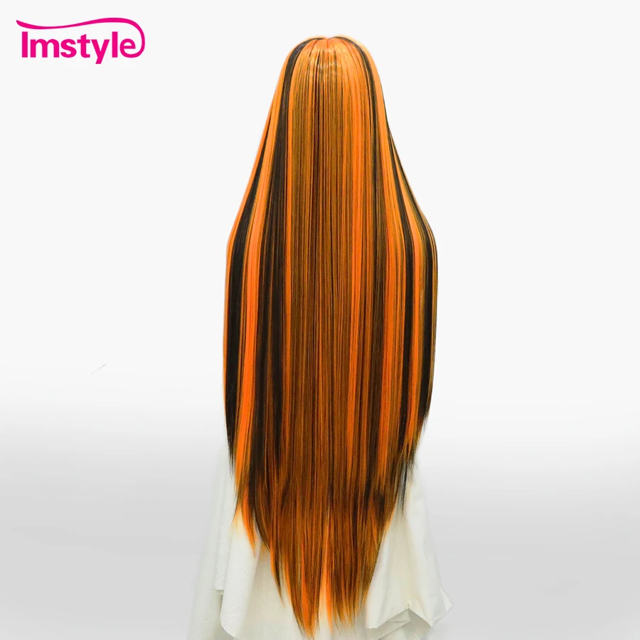 Imstyle 44'' Super Long Wig Synthetic Lace Front Wig Orange Highlight Black Wigs For Women Heat Resistant Fiber Cosplay Wig