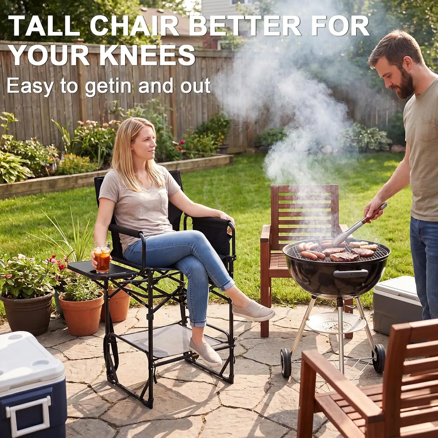 2 Pack Extra Tall Folding Camping Directors Chair High Seat Foldable Bar Stool Set With Side Table Cup Holder Storage Pocket Footrest Heavy Duty Portable Lawn Patio Outdoor Black view 3