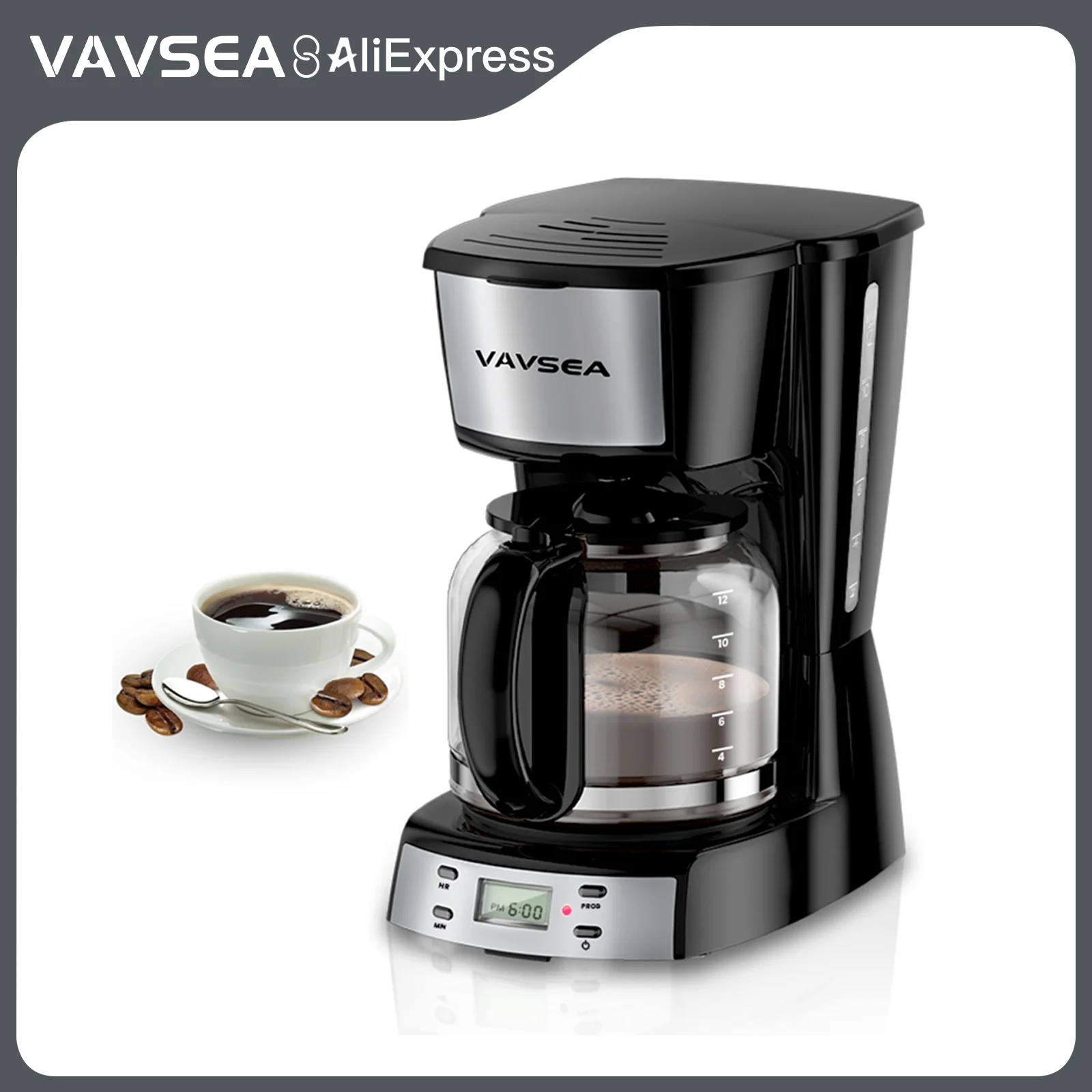 VAVSEA 12 Cup Programmable Coffee Maker, 900W Drip Coffeemaker with Glass Carafe, Auto Shut off, for Home Black