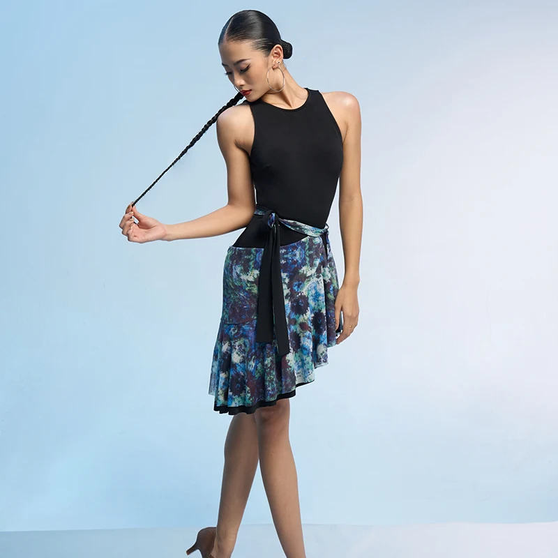 2025 라틴 댄스 대회 의상 여성용 섹시 백리스 바디수트 태슬 프린트 스커트 세트 성인 라틴 댄스복 DQS20901