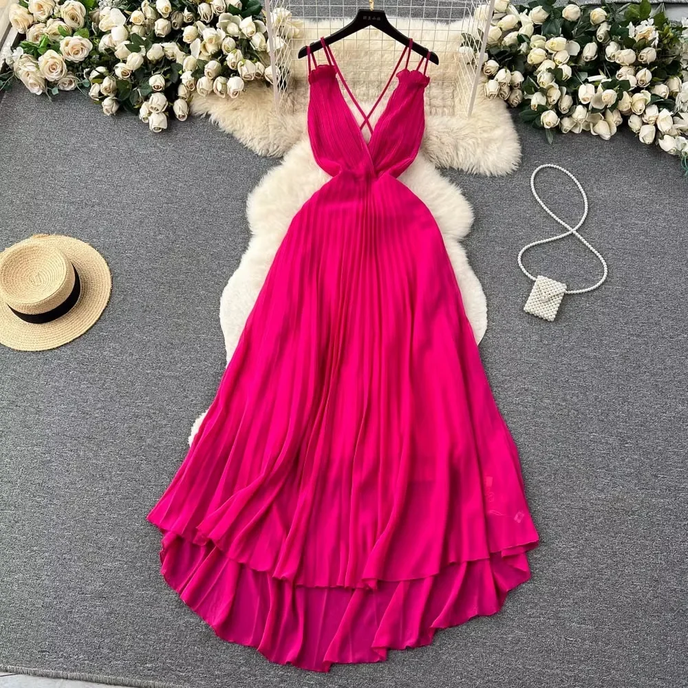 Sexy Halter Backless Pleated Dress Retro A-line Chic Deep V-neck Casual Beach Vacation Slip Dress Women Summer Vestidos