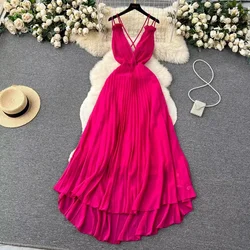 Sexy Halter Backless Pleated Dress Retro A-line Chic Deep V-neck Casual Beach Vacation Slip Dress Women Summer Vestidos