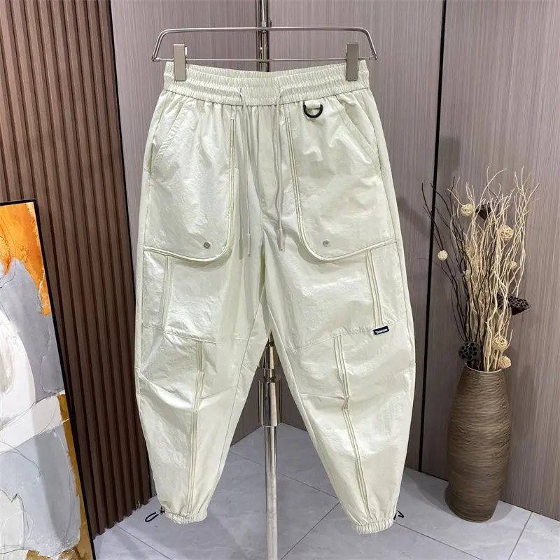 Trendy Brand Fashion Summer Men's Elastic Waist Drawstring Solid Color Pocket Korean Casual Loose Bound Feet Ankle Length Pants