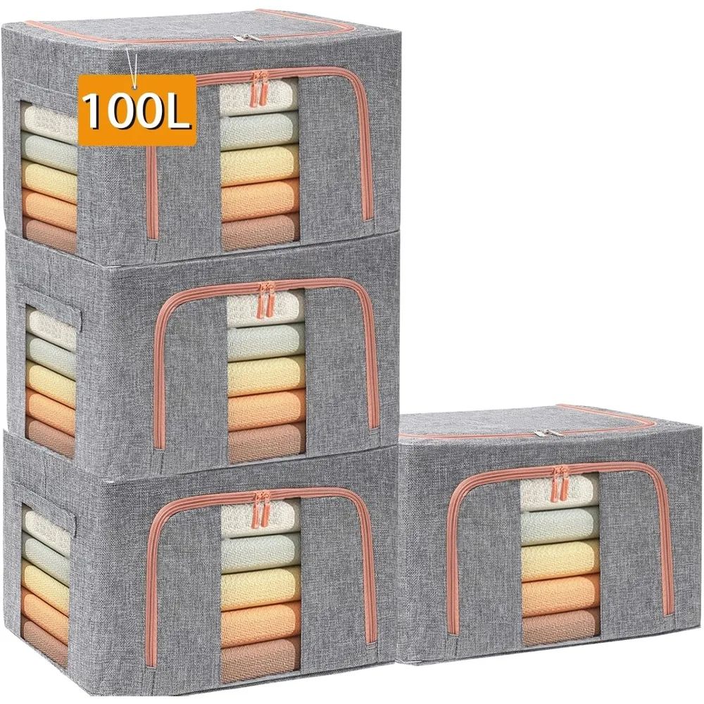 

Upgraded 100L Large Storage Bags,Stackable Clothes Storage Bins with Hold Shape Metal Frame