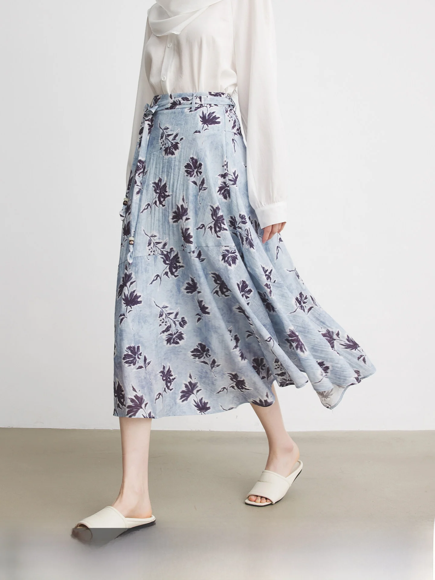 

Женская весенняя юбка Annata из шелкового льна синего цвета с цветочным принтом, А-силуэт, миди, дышащая, с высокой талией, для повседневной носки, городская