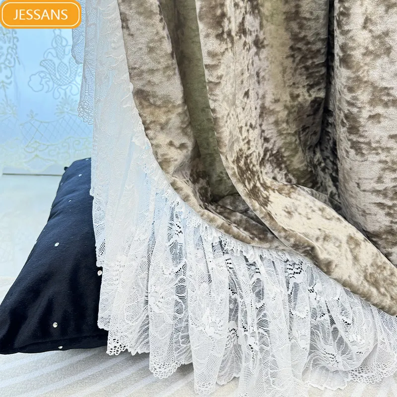 Coffee Color Ice Floral Velvet Lace Curtains for Bedroom Living Room Bay Windows High-end Customized Villa Partition Curtains