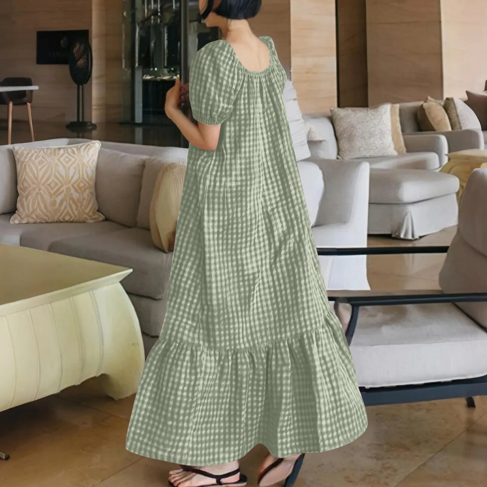 สตรีลายสก๊อตพิมพ์แฟชั่นเสื้อสวมหัวสแควร์คอชุดลําลองอเนกประสงค์กระโปรงยาว Vestidos Para Mujer ชุดยาว