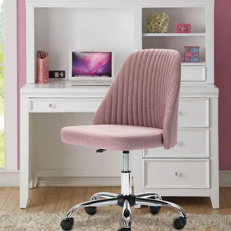 Home Office Modern Linen Swivel Task Upholstered Fabric Desk Chair Armless with Wheels, Middle, Pink