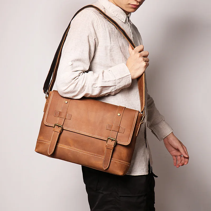 Distressed Messenger Bag - Spacious Crazy Horse Leather Crossbody Tote for Men, Multi-Pocket Cowhide Shoulder Bag Daily Commute