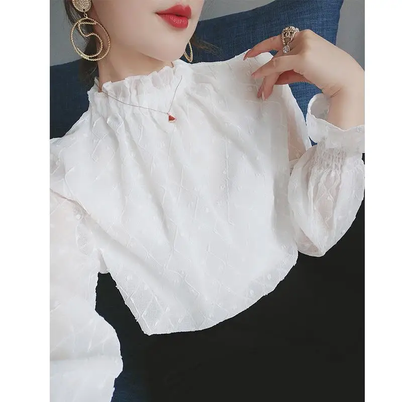 Thin/Thick White Bottoming Top Women's Solid Color Chiffon Shirt Stand Collar Ruffles Long Sleeve Blouse