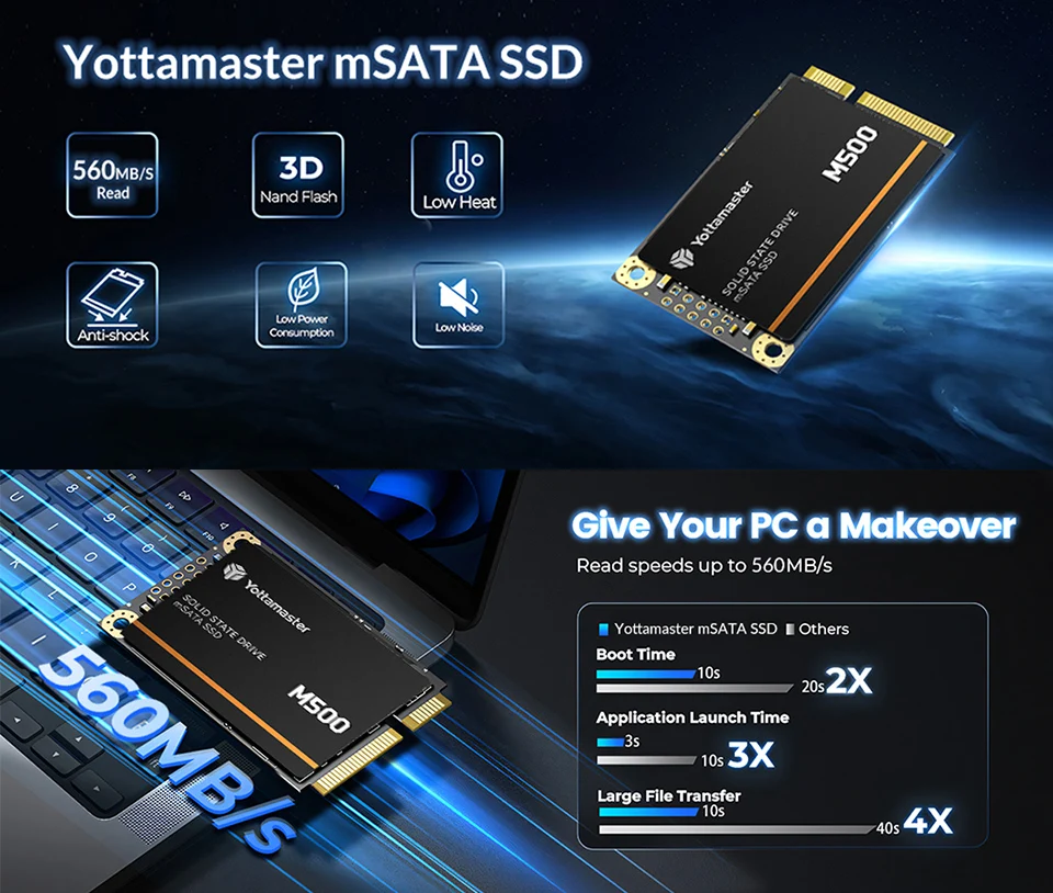 Yottamaster M500 256GB 1TB 2TB mSATA SSD SATA III 6Gbps Mini SATA HD Internal Solid State Drive Hard Drive Upgrade for Laptops