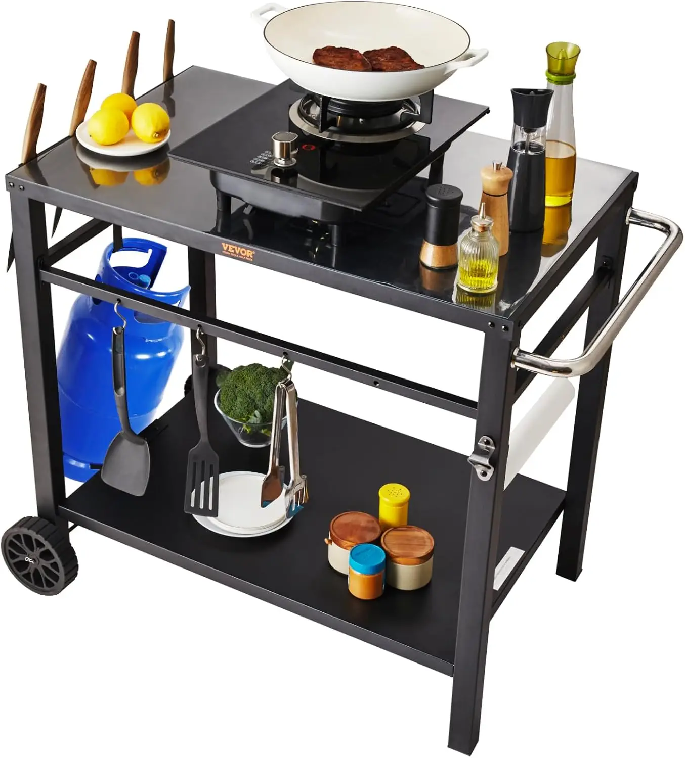 

Outdoor Grill Cart with Double-Shelf, BBQ Movable Food Prep Table with PVC Placemat, Black Iron Table Top, Portable Modula