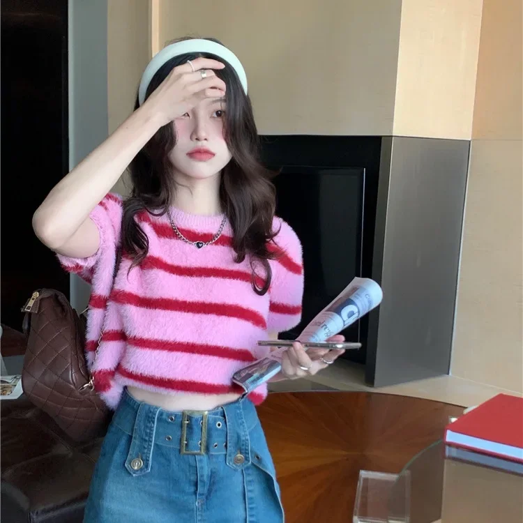 

Ropa Mujer O-neck Puff Sleeve Tunic Jumper Fashion Casual Knit Striped Y2k Sweater Cropped Pullovers for Women Pull Femme