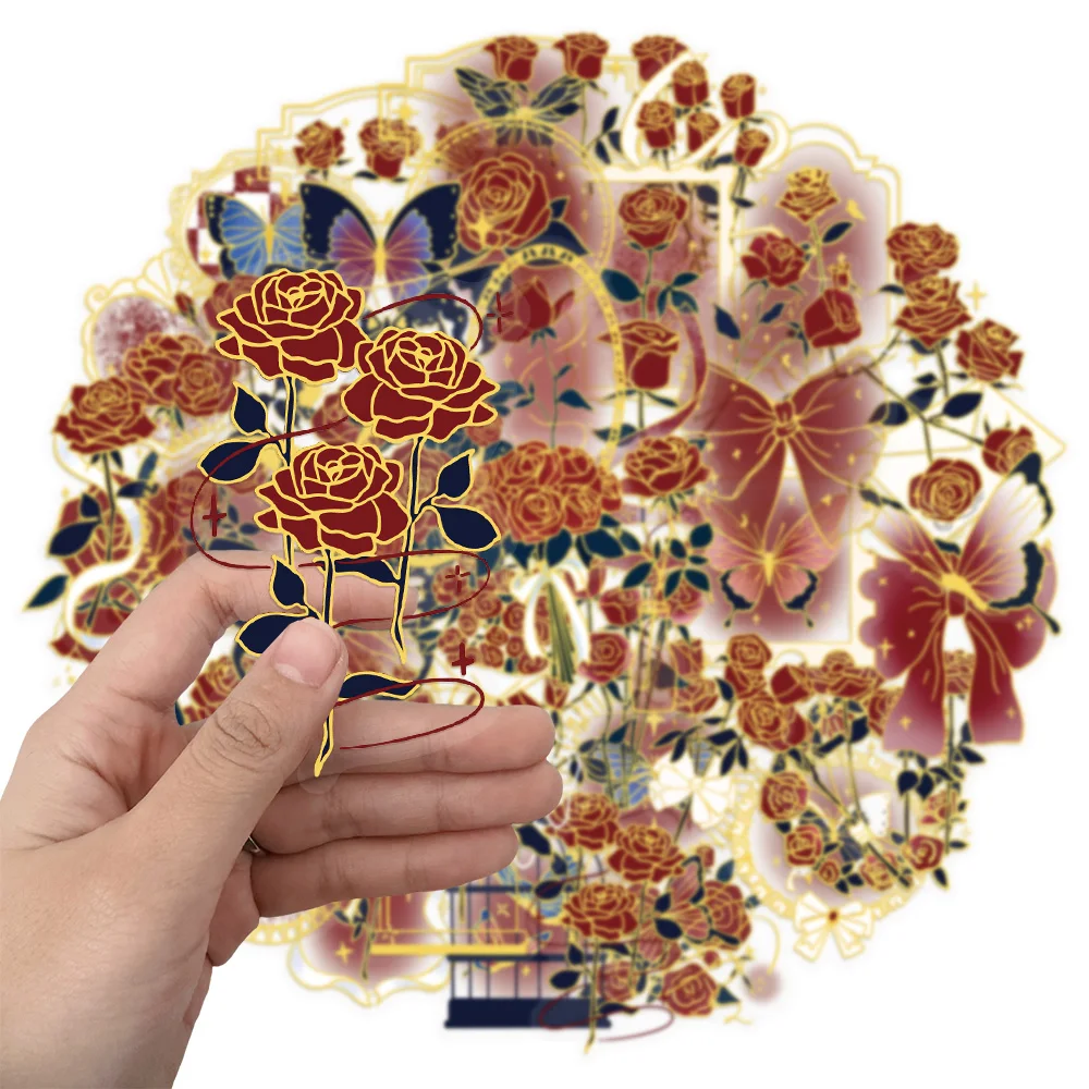 50 SZTUK Retro Różane Naklejki Dekoracyjne z PET, Przezroczyste, do Prezentów, Zestaw DIY na Laptopa, Kubek na Wodę, Torbę, Naklejki Dekoracyjne z Hot Stampingiem