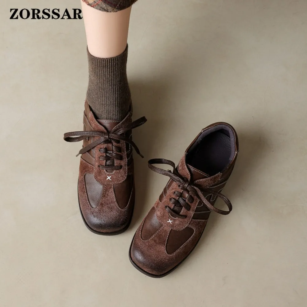 Brown Distressed Leather Retro Sneakers Women Lace Up Contrast Stitch Detail Soft Sole Comfortable Breathable Daily Wear Shoes