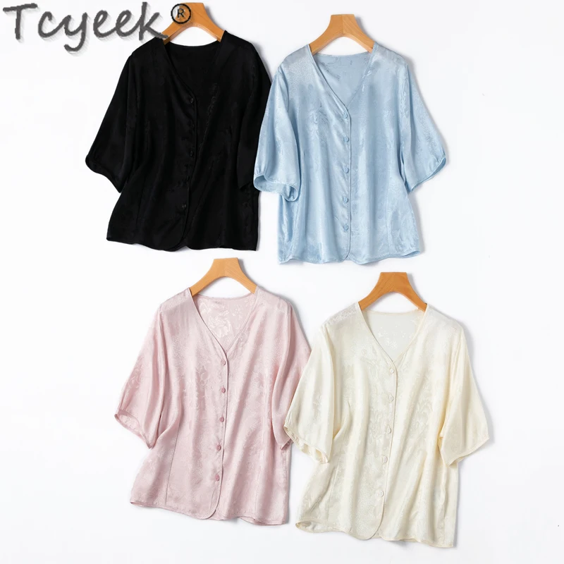 

Tcyeek 100% Mulberry Silk Shirt Women Spring Summer Clothes Elegant Womens Shirts 2024 Short Sleeve Top Loose Fit Chemise Femme