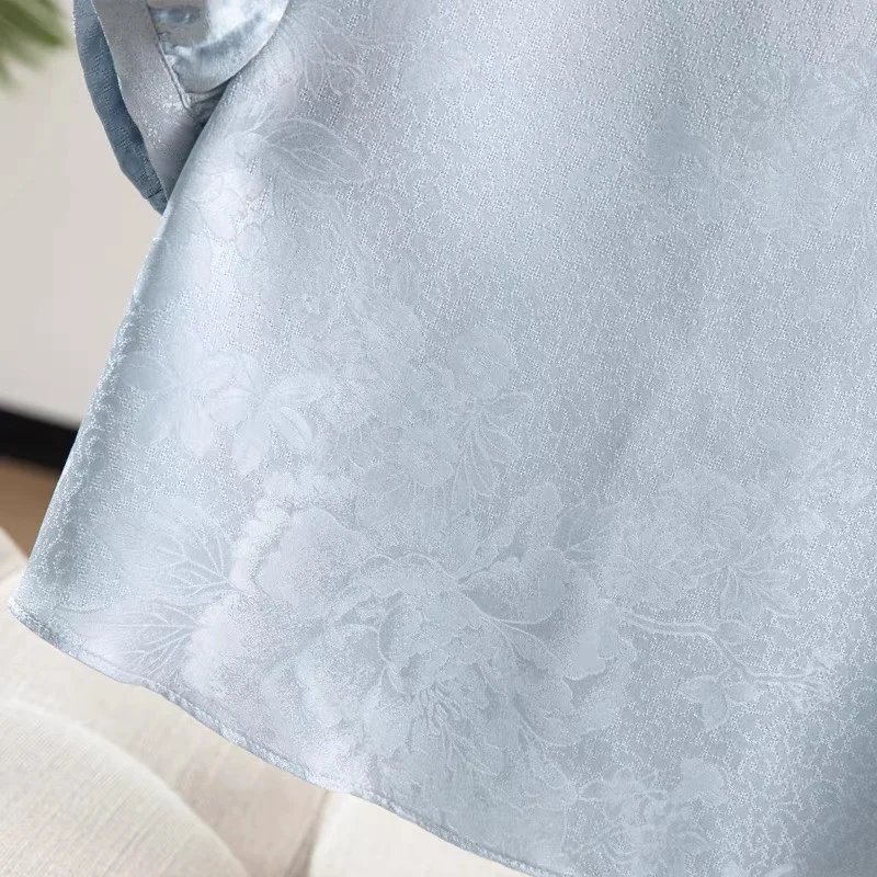 Abbigliamento casual da donna 100% seta di gelso naturale Hua Luo T-shirt a maniche corte girocollo classica casual versatile blu ghiaccio