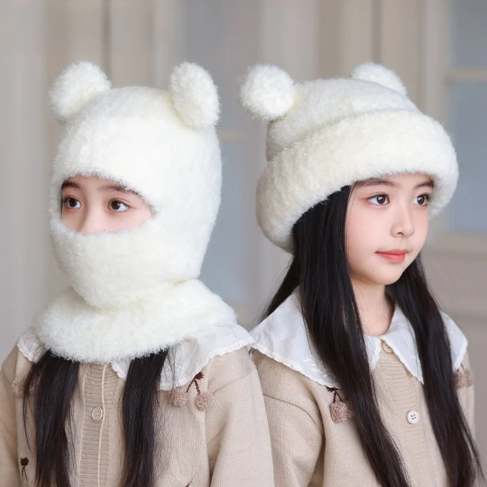 Bear Scarf Mask Integrated Hat Coldproof Cartoon Children Windproof Hooded Hat Plush Soft Warm Lining Kids Balaclava Hat Sports
