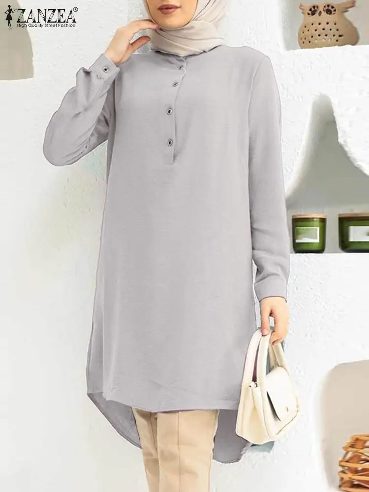 ZANZEA Elegant Muslim Blouse Stand Collar Long Sleeve Tops Woman Fashion Shirt Solid Color Casual Party Chemise Abaya Ramadan