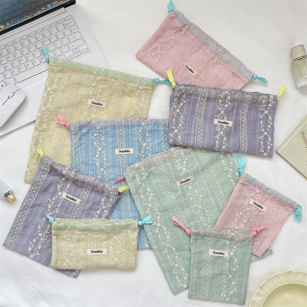 Multifunctional Flower Embroidery Storage Drawstring Bag for Women Portable Travel Storage Pouch Cute Makeup Bag Candy Organizer