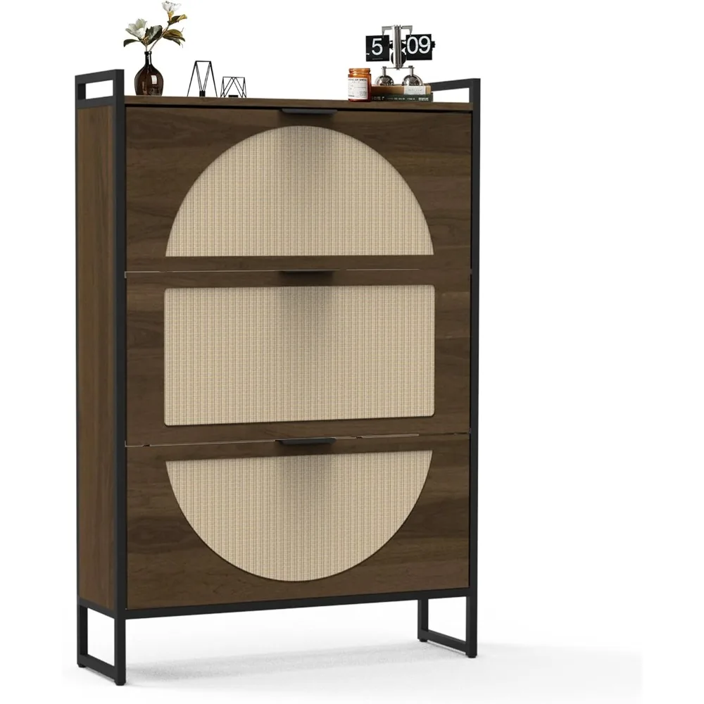 

Шкаф для хранения обуви из ротанга с 3 откидными ящиками, шкаф для обуви для прихожей, отдельно стоящий органайзер для обуви с металлическими ножками, скрытый