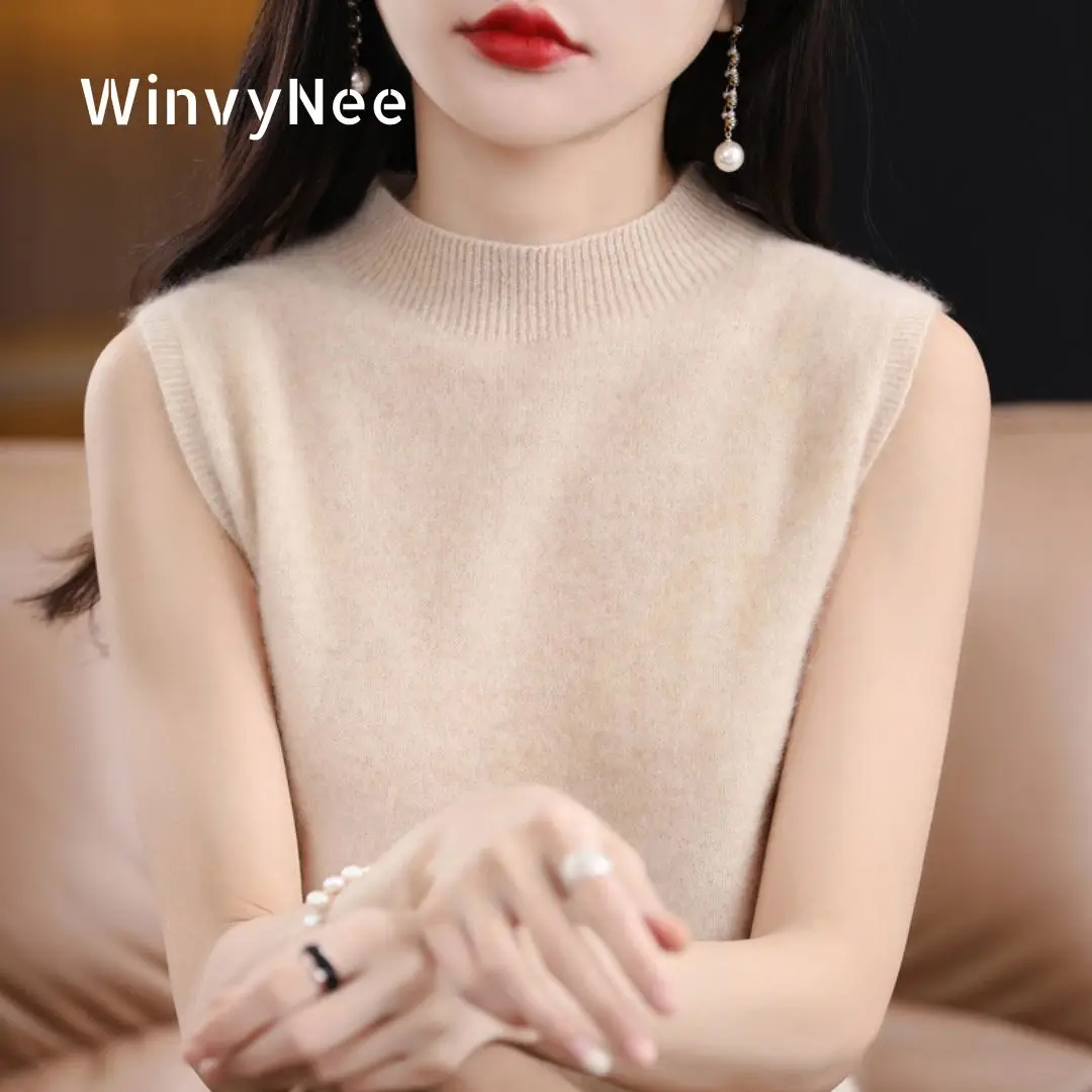 

WinvyNee Women's Clothing 100% Wool Warm Mock Neck Fitted Fashion Casual Solid Winter Spring Knitted Tops Sweater Vest C1713017
