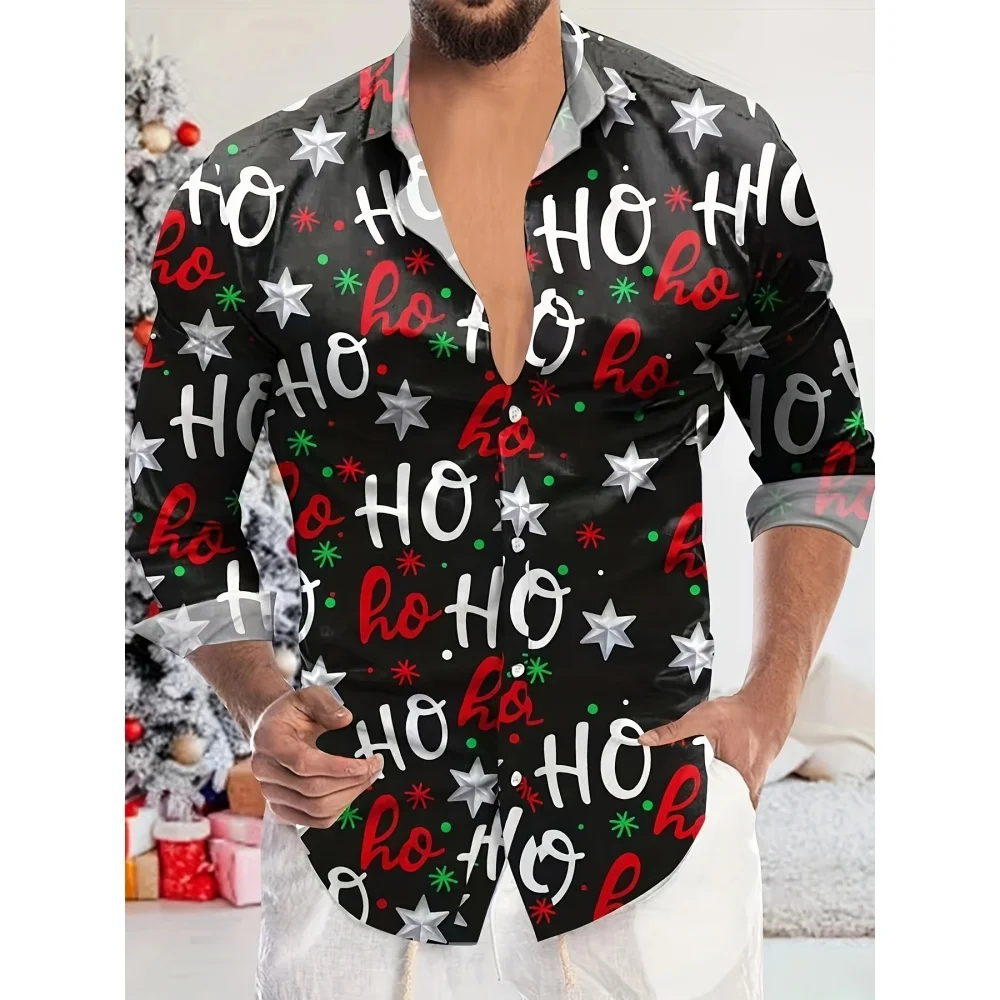 Men's Christmas Theme Red Long-Sleeved Christmas Tree Santa Claus Graphic Long Sleeve Shirt Winter Clothing Fashion Men's Shirt