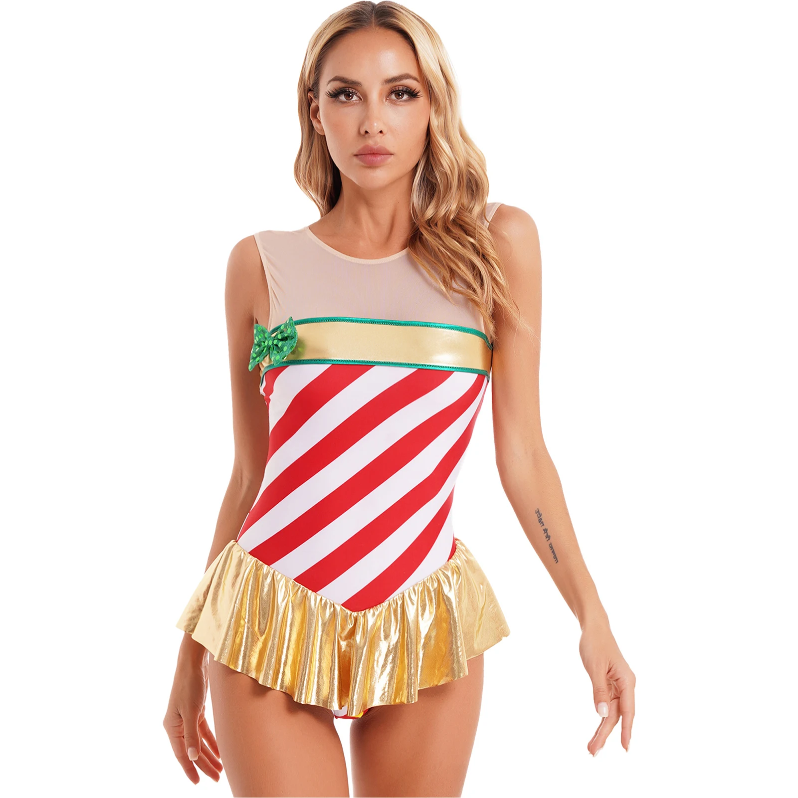 Womens Candy Cane Christmas Costume Santa Sweetie Sleeveless Ruffled Dance Dress Skirted Leotard for Xmas Holiday Party