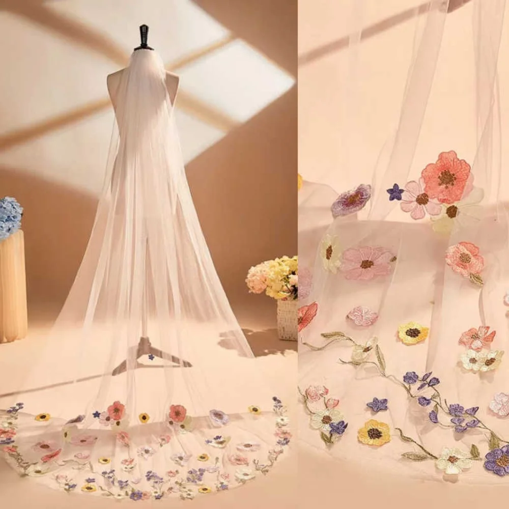 

Romantic 230CM Long Bridal Veils Lace Colorful Flowers One Layer White Ivory Veil Wedding Accessoires Customized