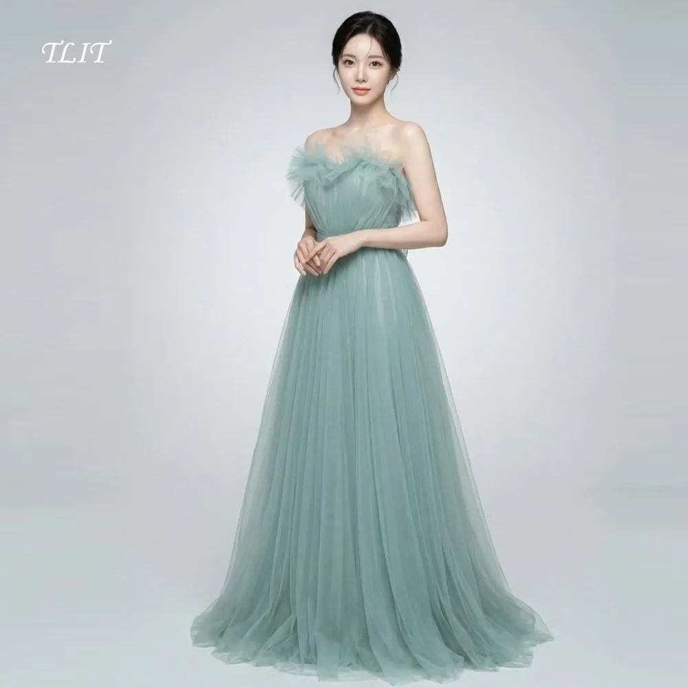 

TLIT Princess Dark Green Tulle A-Line Evening Dresses Customized Korean Wedding Dresses Photo Shoot Strapless Ruffles Prom Gown