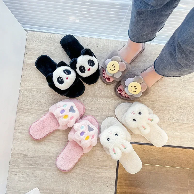 

Cute Cartoon Fur Slippers Women's2022 Winter New One Word Cotton Slippers Home Panda Plus Size Warm Plush Slippers Mujer Slides