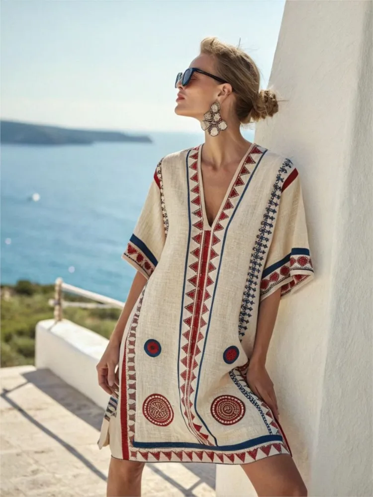 

Vintage Printed Dresses Women Summer Sexy V-neck Short Sleeve Dress 2025 New Casual Vacation Beach Dress Vestidos Para Mujer