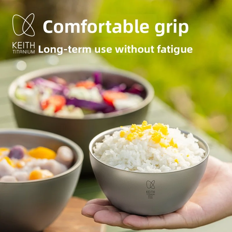 Keith Pure Titanium Double Wall Bowls  Heat Insulated Anti-scald Titanium Camping Bowl  Portable Outdoor Picnic Tableware